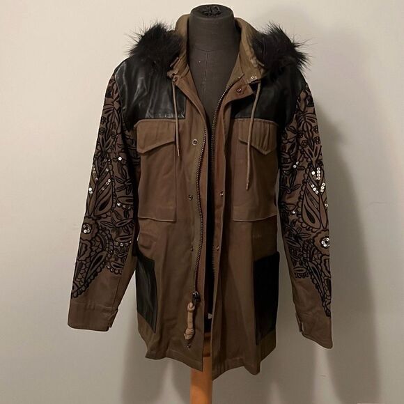 Miss Me Women's Embroidered Sequined Faux Fur Trim Hooded Jacket - Picture 1 of 13